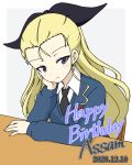  1girl assam_(girls_und_panzer) black_neckwear black_ribbon blonde_hair blue_eyes blue_sweater chair character_name closed_mouth commentary dated dress_shirt emblem english_text girls_und_panzer grey_background hair_pulled_back hair_ribbon happy_birthday head_rest highres ichinose_jun long_hair long_sleeves looking_at_viewer necktie ribbon school_uniform shirt smile solo st._gloriana&#039;s_(emblem) st._gloriana&#039;s_school_uniform sweater table v-neck white_shirt wing_collar 