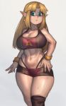  1girl abs blonde_hair blue_eyes breasts cleavage contemporary earrings eyebrows_visible_through_hair hand_on_hip highleg highleg_panties highres jewelry kelvin_hiu large_breasts long_hair lowleg lowleg_shorts micro_shorts navel over-kneehighs panties pointy_ears princess_zelda shorts sidelocks single_thighhigh solo sports_bra standing sweat the_legend_of_zelda thick_thighs thighhighs thighs triangle_earrings triforce underwear white_background wristband 
