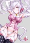  1girl animal_ear_fluff animal_ears arms_up ass_visible_through_thighs axia-chan bell bell_collar bow breasts cat_ears cat_tail collar garter_straps grey_background halloween highres large_breasts looking_at_viewer panties pink_bow purple_eyes senki_zesshou_symphogear silver_hair solo tail tail_bow tail_ornament thighhighs thighs underwear white_panties yukine_chris 