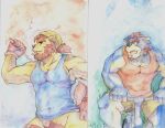  2010 barazoku blue_body blue_fur bottomwear brown_body brown_fur canid canine canis clothing domestic_dog duo fur ganson humanoid_hands kemono male mammal muscular muscular_male painting_(artwork) pubes shirt shorts topwear traditional_media_(artwork) watercolor_(artwork) 
