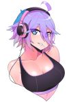  1girl ahoge blue_eyes blue_hair breasts cleavage commentary commission cropped_torso english_commentary gradient_hair halphelt headphones headphones_around_neck large_breasts looking_at_viewer mouth_hold multicolored multicolored_eyes multicolored_hair original purple_eyes purple_hair short_hair simple_background smile solo sports_bra white_background 