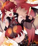  1girl \n/ artist_name bangs belt breasts choker cleavage dragon_girl dragon_horns dragon_wings ear_piercing english_commentary eyebrows_visible_through_hair hair_between_eyes highres horns large_breasts long_hair open_mouth piercing pointy_ears red_eyes solo spikes tongue tongue_out virtual_youtuber vshojo wings yellow_eyes yuniiho zentreya_(vtuber) 
