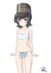  1girl arare_(kantai_collection) artist_logo ass_visible_through_thighs black_hair bra brown_eyes cowboy_shot flat_chest hat highres kantai_collection looking_at_viewer panties short_hair simple_background solo t2r training_bra underwear underwear_only white_background white_bra white_panties 
