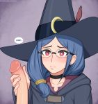  1boy 1girl afrobull bad_id bad_pixiv_id black_choker blue_hair blush bright_pupils choker closed_mouth erection glasses grey_headwear hat hetero hood hood_down hooded_robe little_witch_academia medium_hair penis red_eyes uncensored upper_body ursula_charistes white_pupils witch_hat 