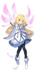  1girl bangs blonde_hair blue_eyes collet_brunel dress energy_wings eyebrows_visible_through_hair floating gloves hands_together highres kanyoko_(yuzukano_17) long_hair open_mouth pink_wings smile solo tales_of_(series) tales_of_symphonia white_background white_dress white_footwear white_gloves wings 