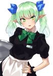  1girl apron bangs black_shirt black_skirt blue_ribbon bow collared_shirt elf eyebrows_visible_through_hair gomashi_(goma) green_bow green_eyes green_hair hair_ribbon hand_on_hip holding holding_tray long_hair looking_at_viewer name_tag open_mouth original pointy_ears puffy_short_sleeves puffy_sleeves ribbon shirt short_sleeves sidelocks simple_background skirt solo translation_request tray twintails upper_teeth v-shaped_eyebrows waist_apron white_apron white_background 
