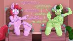  2020 anthro bdsm bondage bound caroo dialogue english_text equid equine feet female hasbro hi_res holly_daze_(oc) horse humanoid_feet mammal mistletoe_daze_(oc) my_little_pony nipples pony stocks text 