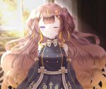  1girl absurdres anya_melfissa bangs black_dress blonde_hair blush breasts brown_hair detached_sleeves dress hair_ornament highres hololive huge_filesize long_hair looking_at_viewer medium_breasts multicolored_hair one_eye_closed open_mouth purple_eyes solo two_side_up virtual_youtuber 