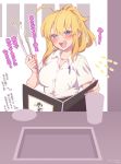  1girl :d ahoge artoria_pendragon_(all) blonde_hair blue_eyes blush breasts collarbone cup dress_shirt fate/grand_order fate_(series) highres holding large_breasts looking_at_viewer mitsurugi_sugar mysterious_heroine_xx_(foreigner) open_mouth ponytail shirt smile solo translated white_shirt 