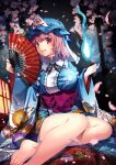  1girl :d arm_garter arm_up barefoot blue_headwear blue_kimono breasts cherry_blossoms commentary_request fingernails floral_print folding_fan frilled_kimono frilled_shirt_collar frills full_body hair_between_eyes hand_fan hitodama holding holding_fan japanese_clothes kapuchii kimono lantern large_breasts long_sleeves obi open_mouth parted_lips petals pink_eyes pink_hair purple_sash ribbon-trimmed_collar ribbon_trim saigyouji_yuyuko sash short_hair sitting smile solo thighs toenails touhou triangular_headpiece veil wide_hips wide_sleeves 