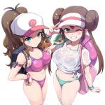  2girls aqua_eyes blush breasts cleavage closed_mouth collarbone double_bun gen_5_pokemon grin hand_on_hip highres hilda_(pokemon) kasai_shin large_breasts multiple_girls navel one_eye_closed parted_lips pokemon pokemon_(game) pokemon_bw pokemon_bw2 ponytail rosa_(pokemon) smile snivy teeth tepig v wavy_hair 