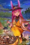  1girl :d animal_ear_fluff animal_ears artist_name bangs black_headwear blush bunny_ears chopsticks cleo_(dragalia_lost) cloud cloudy_sky commentary cooking dragalia_lost dress ears_through_headwear english_commentary eyebrows_visible_through_hair falling_star food hair_between_eyes hat hentaki highres holding holding_chopsticks holding_plate lantern long_hair long_sleeves looking_at_viewer night night_sky open_mouth outdoors pink_hair plate red_eyes sitting sky smile solo very_long_hair watermark web_address yellow_dress 