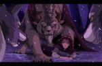  beast_(disney) beauty_and_the_beast belle_(beauty_and_the_beast) brown_body brown_fur canid canine canis cape clothed clothing disney emimi facial_hair fangs female forest fur goatee green_eyes grey_body grey_fur group horn human male mammal monster snow tree white_body white_fur wolf yellow_sclera 