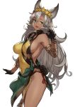  1girl animal_ears black_gloves breasts dark_skin duplicate erune gloves granblue_fantasy green_eyes hand_up highres houtengeki long_hair looking_at_viewer medium_breasts nemone open_mouth sideboob silver_hair simple_background smile solo thighs white_background 