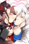  2girls akagi_(azur_lane) animal_ears azur_lane bikini black_hair blue_bikini blue_eyes bracelet breast_press breasts cellphone cleavage hair_ornament heart highres iphone jewelry kaga_(azur_lane) large_breasts long_hair mask mask_on_head multiple_girls multiple_tails phone red_bikini red_eyes self_shot selfie_stick short_hair simple_background smartphone standing swimsuit symmetrical_docking tail tomocha_(tmc_tmc8) v watermark white_background white_hair 