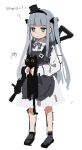  1girl alternate_costume animal apron assault_rifle bandaid bandaid_on_knee bangs black_apron black_cat black_footwear blue_hair blunt_bangs blush bow bowtie bug butterfly cat checkered checkered_neckwear closed_mouth commentary_request dress facial_mark girls_frontline green_eyes grey_legwear gun h&amp;k_hk416 hair_ornament hair_ribbon hat hk416_(girls_frontline) holding holding_animal holding_cat insect long_hair long_sleeves mini_hat over_shoulder ribbon rifle shadow simple_background sketch socks sparkle standing two_side_up weapon weapon_over_shoulder white_background white_dress work_in_progress younger yuki_hotaru 