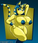  animal_crossing ankha_(animal_crossing) anthro big_breasts blue_hair breasts domestic_cat egyptian felid feline felis female fur hair half-closed_eyes hand_behind_head hand_on_hip hi_res huge_breasts mammal narrowed_eyes nintendo nipples nude simple_background solo spocky87 thick_thighs uraeus video_games wide_hips yellow_body 