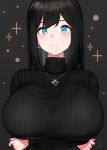  1girl arms_under_breasts bangs black_hair black_sweater blue_eyes blush breast_hold breasts closed_mouth crossed_arms earrings eyebrows_visible_through_hair hayabusa highres huge_breasts jewelry long_hair long_sleeves looking_at_viewer necklace original ribbed_sweater simple_background solo sweater turtleneck turtleneck_sweater upper_body 