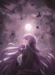  1girl absurdres animal bangs bird black_jacket braid breasts commentary_request crow danganronpa danganronpa_1 expressionless eyebrows_visible_through_hair floating_hair full_moon gloves hair_ribbon highres jacket kirigiri_kyouko long_hair looking_up medium_breasts moon necktie open_clothes open_jacket outdoors porary purple_eyes purple_hair ribbon shirt single_braid solo white_shirt 