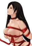  1girl arms_behind_back bangs black_hair bound breasts collarbone commentary earrings english_commentary final_fantasy final_fantasy_vii highres j@ck jewelry large_breasts long_hair low-tied_long_hair naked_ribbon nude parted_lips red_eyes red_ribbon restrained revision ribbon ribbon_bondage shiny shiny_hair simple_background skindentation solo swept_bangs tifa_lockhart upper_body white_background 