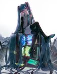  1girl absurdly_long_hair absurdres ahoge black_footwear black_skirt black_sleeves blue_eyes blue_hair blue_neckwear boots buri_(retty9349) collared_shirt detached_sleeves full_body grey_shirt hatsune_miku head_tilt headset highres huge_filesize long_hair long_sleeves looking_at_viewer miniskirt necktie parted_lips pleated_skirt revision shirt simple_background sitting skirt solo television thigh_boots thighhighs twintails very_long_hair vocaloid white_background zettai_ryouiki 