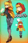  ... 1girl adapted_costume arm_cannon blonde_hair blue_eyes casual coffee_mug cup expressionless full_body hand_in_pocket high_heels high_ponytail highres hood hood_down hood_up jacket kuroi_moyamoya looking_at_viewer metroid mug open_clothes open_jacket ponytail ribbed_sweater samus_aran simple_background solo standing steam sweater varia_suit weapon 