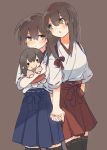  2girls akagi_(kantai_collection) black_legwear blue_hakama brown_background brown_eyes brown_hair character_doll cowboy_shot hakama hakama_skirt holding_hands ina_(1813576) japanese_clothes kantai_collection long_hair multiple_girls muneate red_hakama remodel_(kantai_collection) simple_background straight_hair tasuki thighhighs 