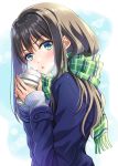  1girl bangs black_hair blue_eyes blue_jacket blunt_bangs blush breath coffee cup ear_piercing eyebrows_visible_through_hair green_eyes green_scarf highres holding holding_cup idolmaster idolmaster_cinderella_girls jacket long_hair looking_at_viewer open_mouth piercing scarf shibuya_rin simple_background solo tazu visible_air white_background 