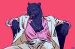  anthro clothed clothing cristiano domestic_cat fangs felid feline felis jewelry licking licking_lips male mammal manspreading necklace nikolaspascal open_clothing open_mouth open_shirt open_topwear pantherine red_background shirt simple_background sitting solo suit tongue tongue_out topwear 