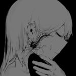  1girl avogado6 black_border border bug centipede closed_eyes closed_mouth cracked_skin from_side greyscale hand_up long_hair monochrome nude original portrait profile solo tears 