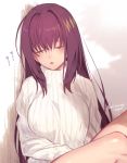  1girl breasts closed_eyes commentary_request fate/grand_order fate_(series) hair_intakes highres large_breasts long_hair long_sleeves mitsurugi_sugar open_mouth purple_hair ribbed_sweater scathach_(fate)_(all) scathach_(fate/grand_order) signature sleeping sleeping_upright solo sweater turtleneck turtleneck_sweater 