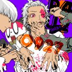  2boys applying_makeup black_nails hair_up halloween hanamura_yousuke kuma_(persona_4) makeup male_focus multiple_boys nail_polish narukami_yuu paintbrush persona persona_4 pink_blood pink_eyes saitou_rokuro satonaka_chie white_hair wince 