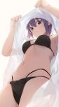  1girl :o armpits beige_background bikini black_bikini breasts fingernails from_below gochuumon_wa_usagi_desu_ka? hair_between_eyes hands_up highres hiroki_(yyqw7151) lifted_by_self long_hair looking_at_viewer medium_breasts navel purple_eyes purple_hair simple_background solo stomach swimsuit tedeza_rize twintails 