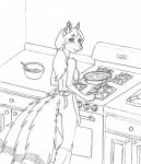  anthro apron apron_only black_and_white bowl breasts butt canid canine clothing cooking cookware cutlery female fox frying_pan fur gloves_(marking) hair hi_res kitchen kitchen_knife kitchen_utensils knife leg_markings mammal markings monochrome mostly_nude multi_tail ponytail side_boob smile socks_(marking) solo stormpaw stove tools xccapt04 