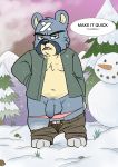  2020 animal_crossing anthro balls bottomwear celestial clothing curt_(animal_crossing) detailed_background english_text genitals hi_res male mammal navel nintendo outside pants penis slightly_chubby snow snowman solo sweater text topwear underwear ursid video_games winter 
