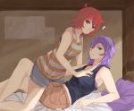  2girls alternate_costume bed blush breasts bunk_bed casual collarbone couple croix_meridies green_eyes hand_on_another&#039;s_chest highres little_witch_academia lying medium_hair multiple_girls oishii_tuna poster purple_hair red_eyes red_hair shiny_chariot short_hair straddling surprised ursula_charistes 