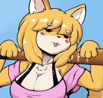  4_fingers anthro bare_shoulders baseball_bat bat_(object) big_breasts blue_background blush breasts bust_portrait butterscotch_(peargor) canid canine canis cel_shading chest_tuft chiropteran cleavage clothed clothing cross-hatching domestic_dog dot_eyes eyebrows female fingers fur go_to_horny_jail hair half-closed_eyes handpaw hatching_(art) mammal meme mochi-bun multicolored_body multicolored_fur narrowed_eyes paws pink_clothing pink_shirt pink_topwear portrait shaded shiba_inu shirt simple_background solo spitz tongue tongue_out topwear tuft two_tone_body two_tone_fur two_tone_tail weapon_on_shoulder white_body white_eyebrows white_fur yellow_body yellow_fur 