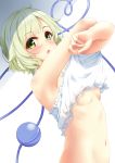  1girl :o absurdres blush breasts camisole green_eyes green_hair highres indica komeiji_koishi looking_at_viewer navel nipples no_bra short_hair solo stomach third_eye touhou underboob undressing upper_body white_background 