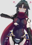  1girl ashino_moto bangs black_hair blush breasts fate/grand_order fate_(series) highres joints katou_danzou_(fate/grand_order) large_breasts long_hair looking_at_viewer mechanical_arm ponytail red_scarf robot_joints scarf sidelocks thighs yellow_eyes 