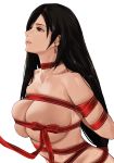  1girl arms_behind_back bangs black_hair breasts collarbone earrings final_fantasy final_fantasy_vii highres j@ck jewelry large_breasts long_hair naked_ribbon nude parted_lips red_eyes restrained ribbon simple_background swept_bangs tifa_lockhart white_background 