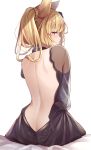  1girl animal_ears ass back backless_dress backless_outfit bare_back bed_sheet black_dress blonde_hair butt_crack closed_mouth dress erune from_behind granblue_fantasy highres keima_ron long_hair looking_at_viewer looking_back nipples ponytail purple_eyes see-through simple_background sitting solo white_background yuisis_(granblue_fantasy) 