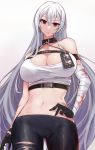  1girl :/ armband azur_lane bandaged_arm bandages bangs bare_shoulders black_collar black_gloves black_pants breasts chest_strap cleavage collar collarbone commentary_request cowboy_shot crop_top earrings eyebrows_visible_through_hair gloves hair_between_eyes hand_on_hip highres jewelry large_breasts long_hair looking_at_viewer marshall_k midriff mole mole_on_body mole_on_stomach mole_under_eye multiple_straps navel pants police_badge red_eyes sidelocks silver_hair simple_background snap-fit_buckle solo sovetskaya_rossiya_(azur_lane) sovetskaya_rossiya_(the_lackadaisical_lookout)_(azur_lane) standing tank_top torn_clothes torn_pants very_long_hair white_background white_tank_top 
