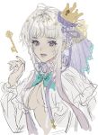  1girl breasts bright_pupils crown gradient_hair grey_hair hair_ribbon hand_up highres key looking_at_viewer medium_breasts multicolored_hair original parted_lips purple_eyes purple_ribbon ribbon sankomichi short_hair short_hair_with_long_locks sidelocks simple_background sketch smile solo upper_body white_background white_pupils 