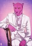  anthro chair clothed clothing felid floral_background furniture jewelry male mammal necktie nikolaspascal pantherine pink_panther ring sitting solo suit whiskers white_suit yellow_eyes 