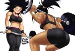  2girls abs absurdres ass barbell basketball bike_shorts black_eyes black_hair blush borrowed_design breasts caulifla commentary constricted_pupils dark_skin dark_skinned_female dragon_ball dragon_ball_super echo_saber english_commentary exercise gym gym_shorts gym_uniform highres kale_(dragon_ball) looking_at_another multiple_girls muscle muscular_female nose_blush ponytail saiyan shorts spiked_hair sports_bra squatting sweatband weightlifting weights yuri 