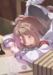  1girl 1other absurdres admiral_(kantai_collection) book closed_eyes hachimaki headband highres jacket jacket_on_shoulders kantai_collection light_brown_hair long_hair natsuki_(gedo) paper pen pie_chart ponytail sleeping striped_headband table upper_body zuihou_(kantai_collection) 