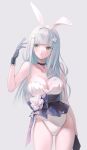  1girl animal_ears bangs bare_shoulders black_gloves blue_hair breasts bunny_ears cleavage closed_mouth dress eyebrows_visible_through_hair fake_animal_ears girls_frontline gloves green_eyes hand_up hk416_(girls_frontline) long_hair looking_away medium_breasts solo standing thighs underwear urano_ura white_background 
