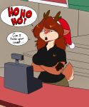  absurd_res anthro antlers big_breasts breasts capreoline cash_register cervid christmas christmas_clothing christmas_headwear clothing crossed_arms dialogue english_text fast_food female fingers food hair hat headgear headwear hi_res holidays hooved_fingers horn kabula_(artist) laugh long_hair mammal red_nose reindeer rudolph_the_red_nosed_reindeer santa_hat solo text unamused 
