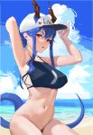  1girl 1s44c :o absurdres arknights armpits arms_up bangs baseball_cap bikini bikini_top black_bikini blue_hair blush bottomless breasts ch&#039;en_(arknights) clothes_writing cloud day dragon_girl dragon_horns dragon_tail eyebrows_visible_through_hair hat highres horns horns_through_headwear looking_at_viewer medium_breasts navel ocean open_mouth outdoors red_eyes short_hair_with_long_locks sidelocks solo stomach swimsuit tail white_headwear work_in_progress 