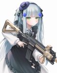  1girl apron assault_rifle bangs blue_hair blue_headwear closed_mouth eyebrows_visible_through_hair girls_frontline green_eyes gun h&amp;k_hk416 hair_ornament hair_ribbon hairband hat hk416_(girls_frontline) holding holding_weapon long_hair looking_away maid ribbon rifle solo urano_ura weapon white_background 